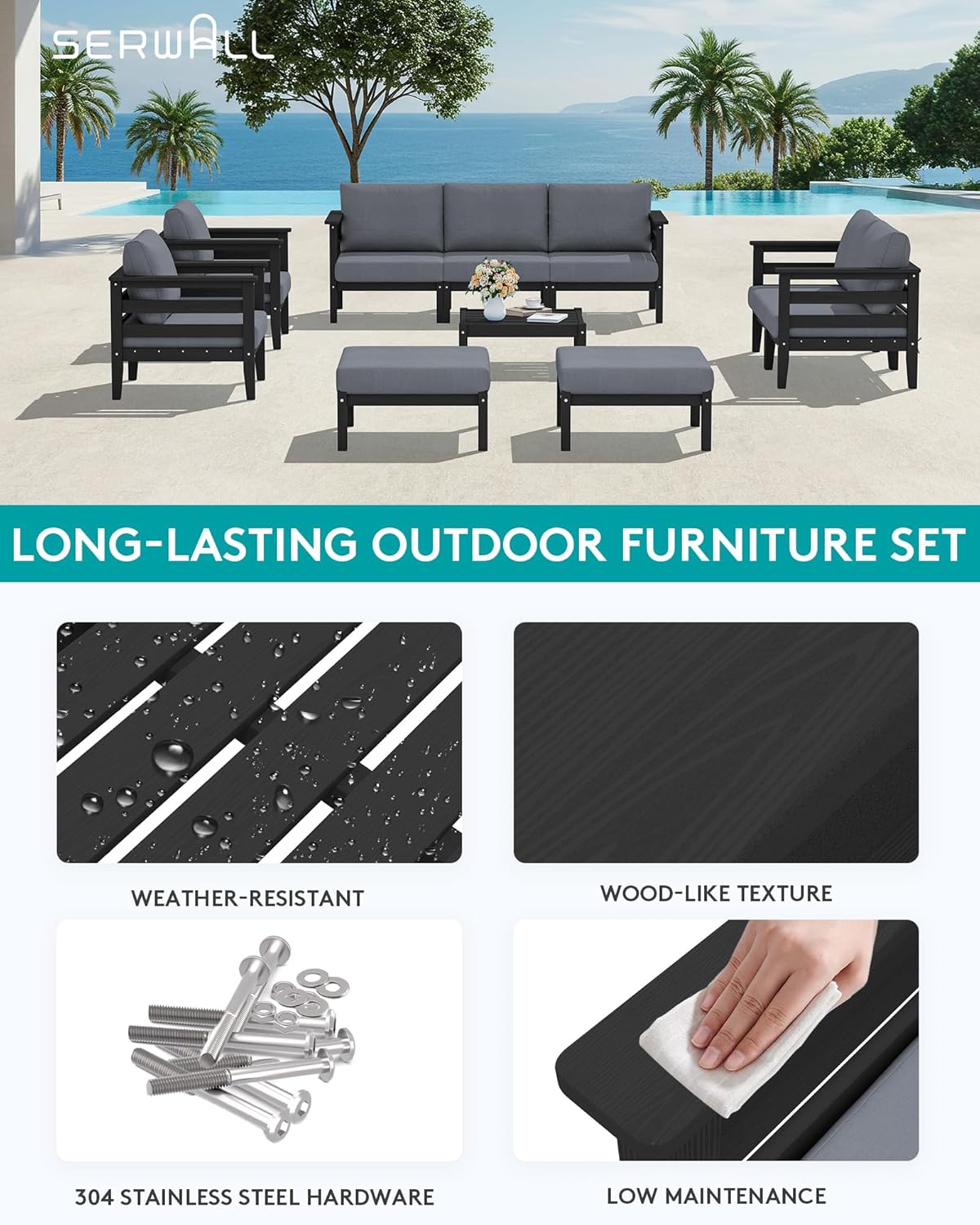 SERWALL HDPE Patio Furniture Set, 10 Pieces Outdoor Sectional Sofa Set, All-Weather Wood-Like Outdoor Sofa Couch with Coffee Table for Deck, Lawn, Black Frame with Grey Cushion