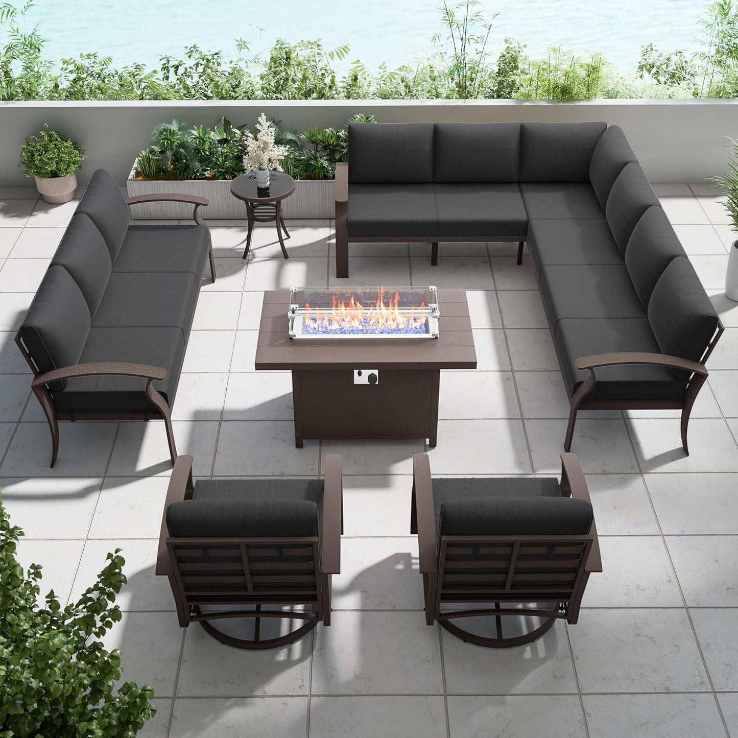 Aluminum Patio Furniture Set with Fire Pit Table, 11 Seats Outdoor Patio Conversation Set with Swivel Chair Modern Metal Patio Sectional Sofa with Coffee Table for Patio, Backyard(Grey).