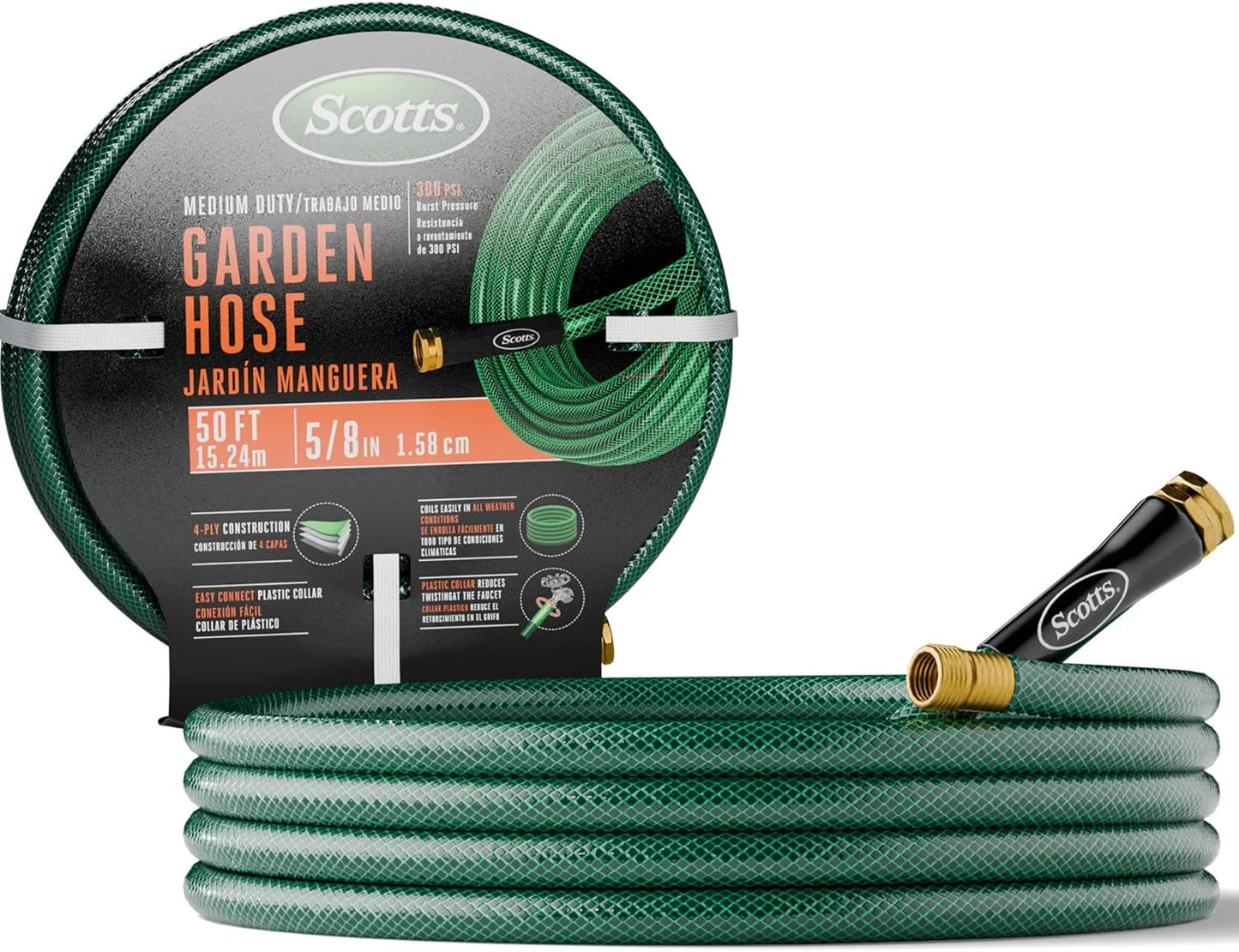 Scotts 50 ft. Garden Hose – 5/8 in. Diameter, 4-Ply Construction, 300 PSI, High-Pressure, Easy-to-Coil Water Hose with Crush-Resistant Couplings, Easy to Connect for Lawn and Garden Use
