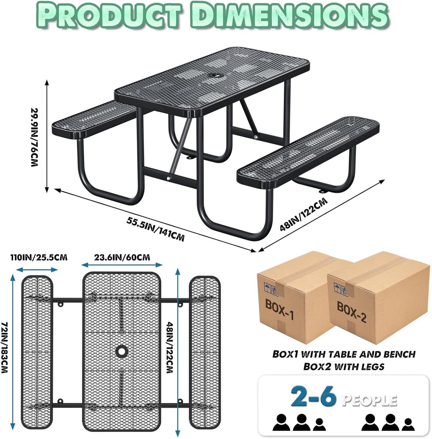 Heavy-Duty Park Bench or Table for Outside - Black Coated Outdoor Furniture Steel Bench, Commercial-Grade Outdoor Benches Weatherproof for Park, Patio, Porch (Black, 4FT (Rect. Table))
