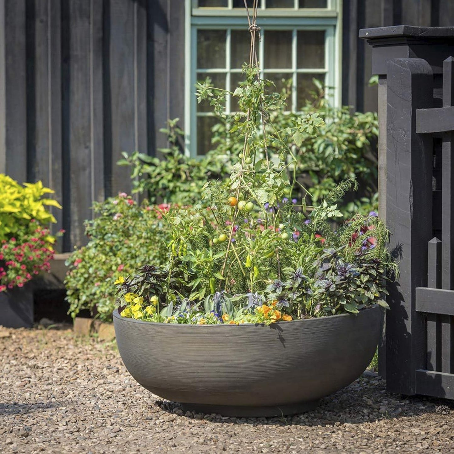 Crescent Garden Large Outdoor Planter Bowl – Double-Walled Resin Pot with Drain Hole for Water Gardens, Fountains, Decorative Landscaping - 30" W x 12" H (Weathered Concrete)