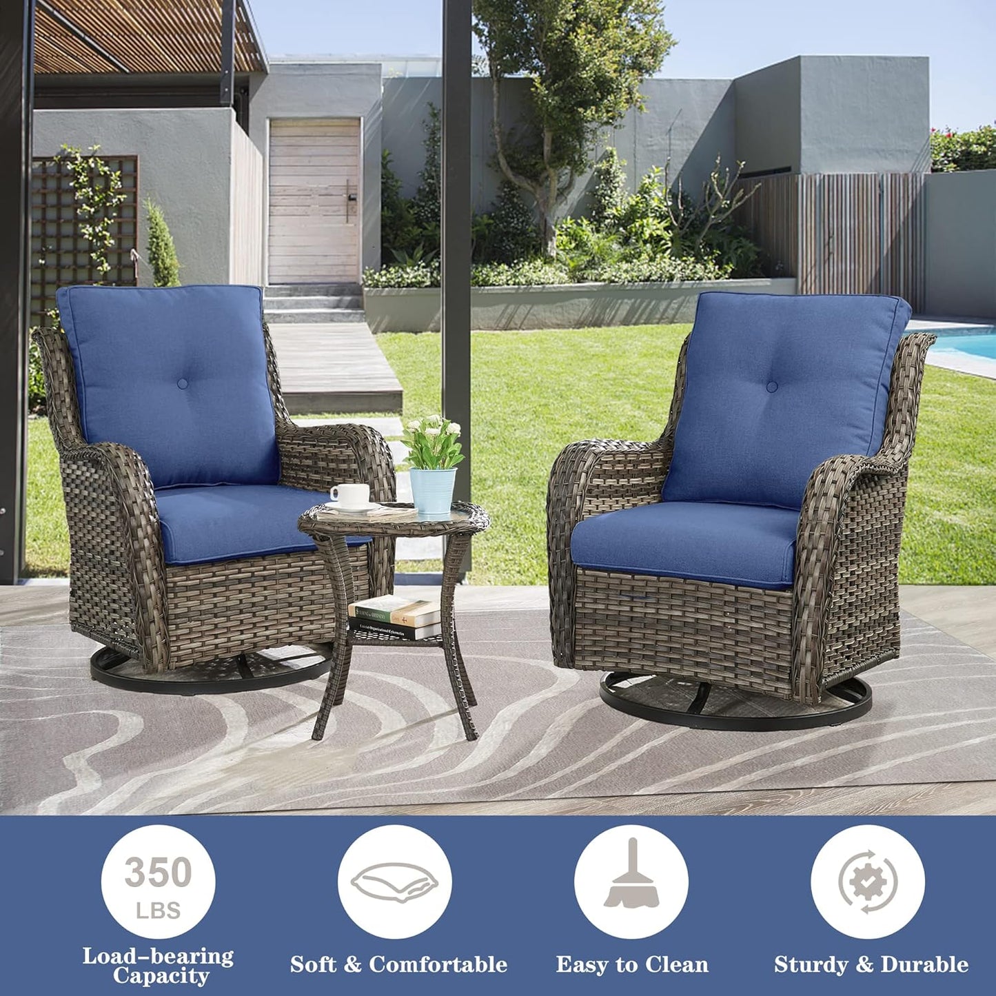 Outdoor Furniture Sectional Sofa L Shaped Couch - Patio Wicker Set with 2 Swivel Glider Chairs, 8 Piece Rattan Patio Conversation Sets with Blue Cushion for Deck Backyard Sunroom