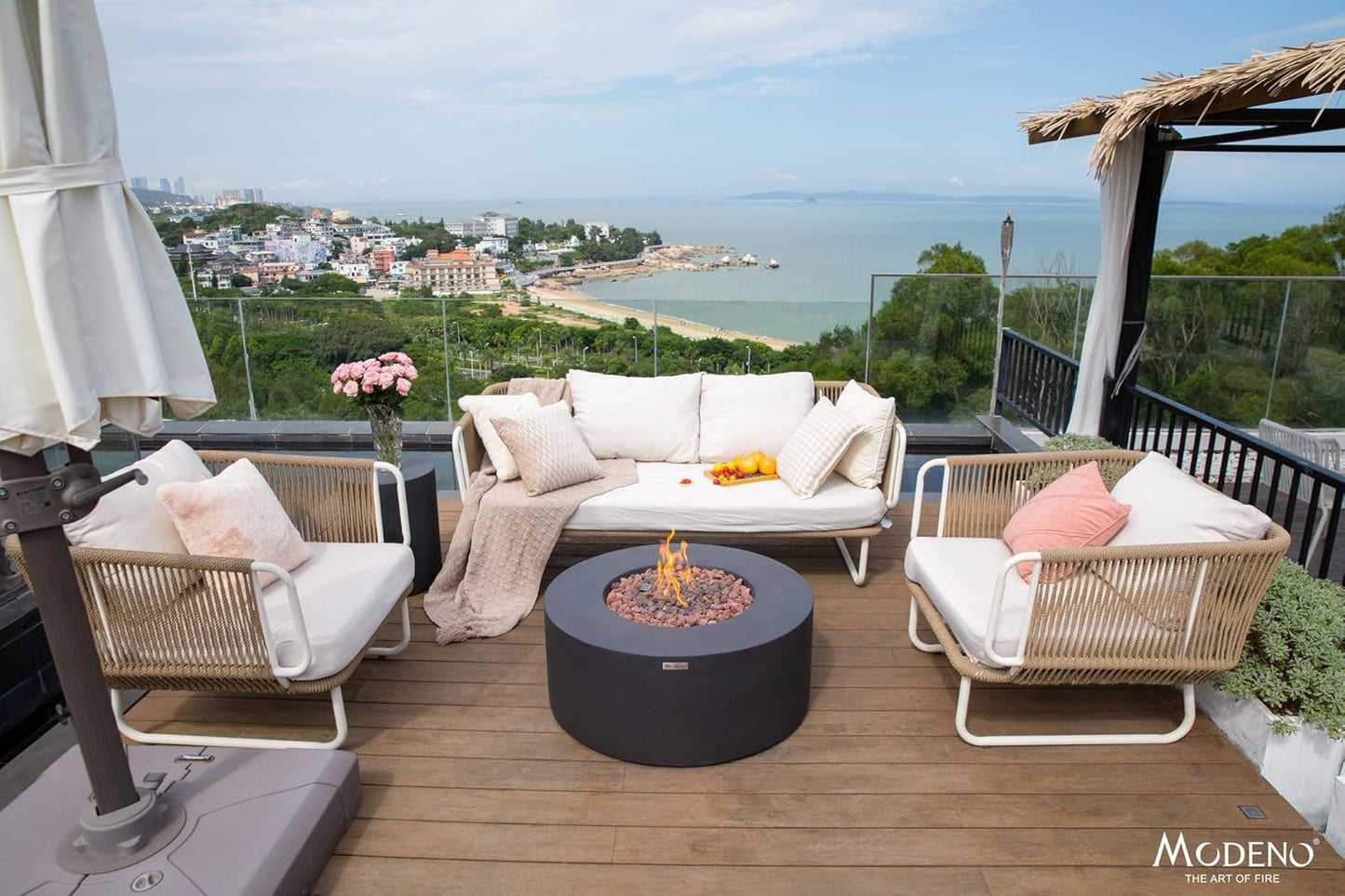 AMS Fireplace | Modeno Venice Package | Black Natural Gas Fire Pit Table for Outside Patio Bundle with Wind Guard, and SS Burner Lid | Free Rubber Mat & Ice Bucket