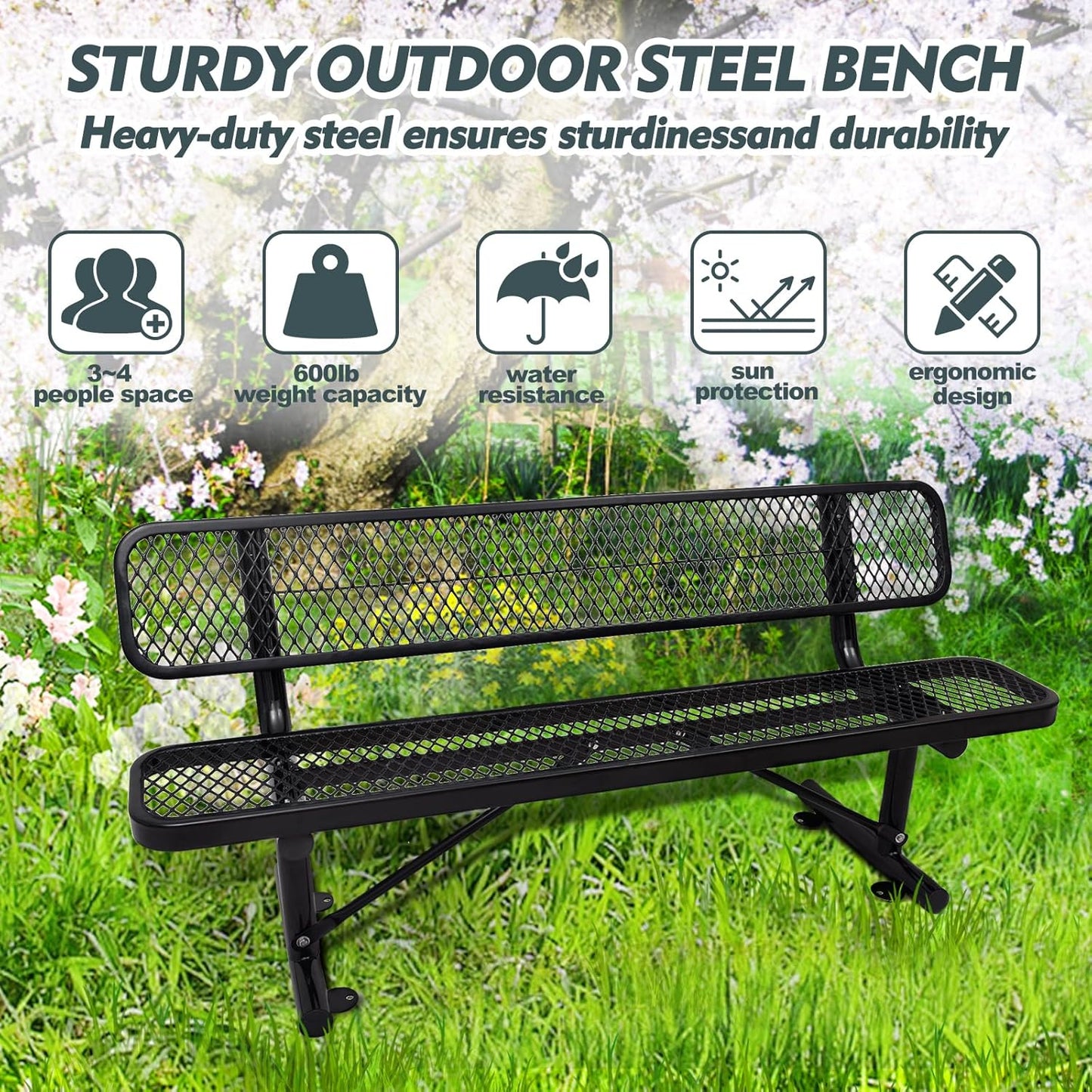 Outdoor Garden Bench, Cast Iron Metal Frame Patio Park Bench with Backrest, Portable Expanded Metal Black Bench, Commercial-Grade Outdoor Seating for Lawn, Patio, Park, Yard, Garden (Black, 6FT/72')