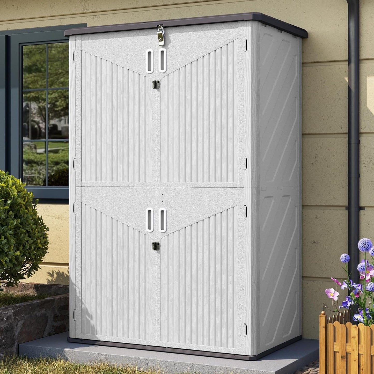 Aoxun Outdoor Storage Shed, 64 Cu.Ft Vertical Storage Sheds Outdoor with Floor, Outdoor Waterproof Storage Cabinet for Garage Storage, Pool Storage, Bike Shed, Garden Shed (White)