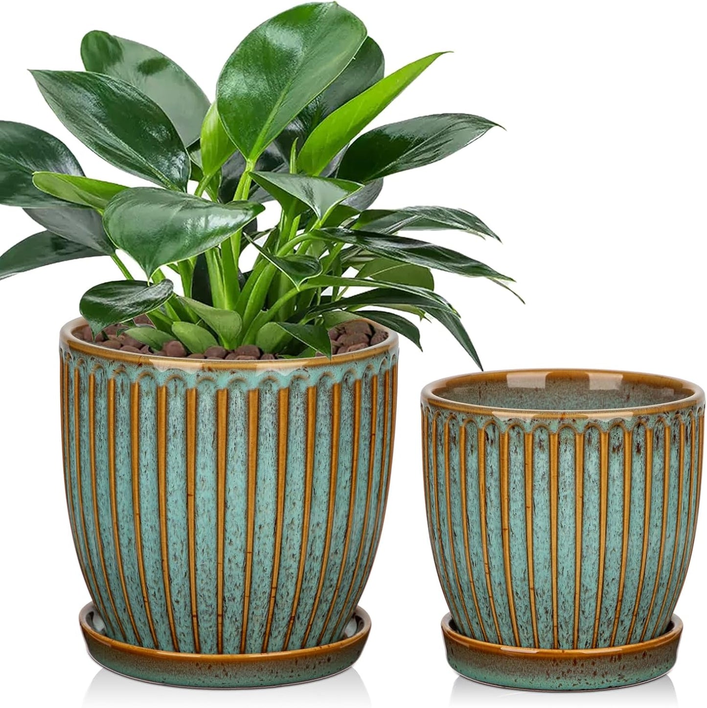 Oairse Ceramic Pots for Indoor Plants, 4.9 + 5.7 Inch Set of 2 Bluish Grey With Drainage Holes and Saucers, Texture Planters for Succulent, Indoor Outdoor Flower