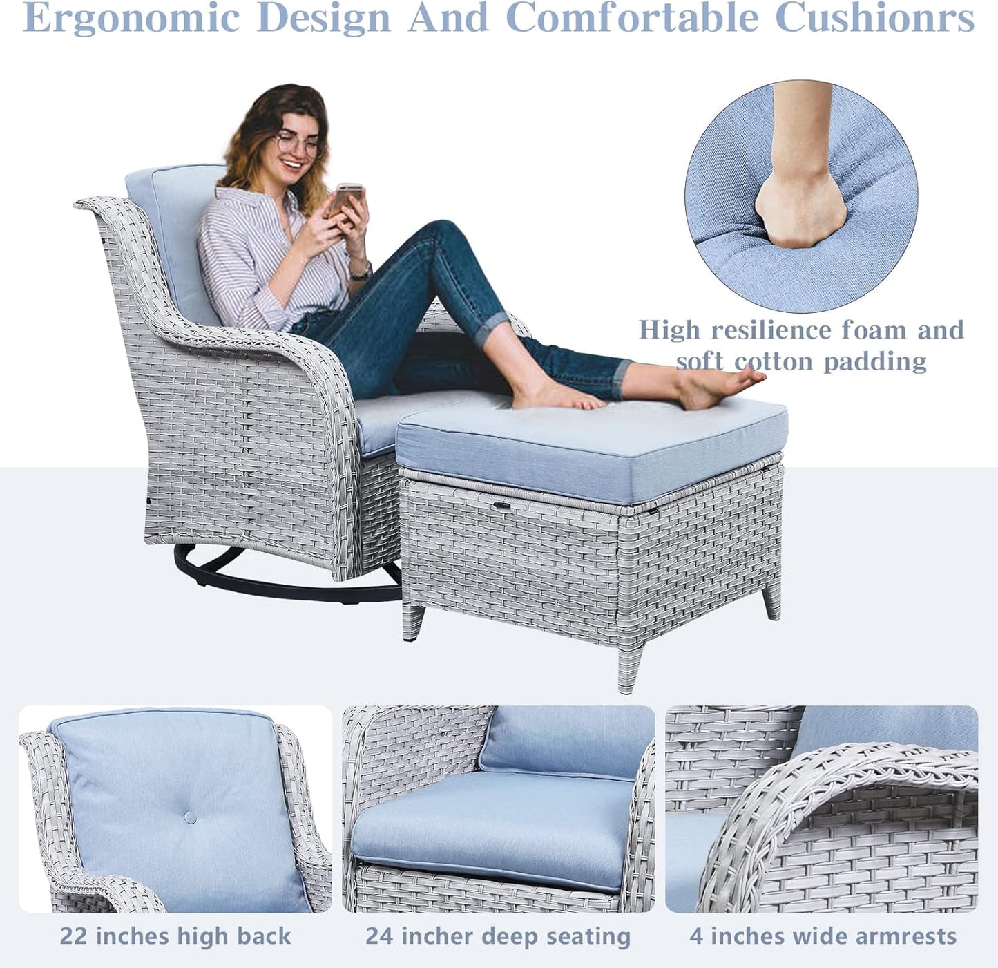 5 Piece Outdoor Patio Furniture Set - Wicker Furniture Patio Conversation Set, Outdoor Swivel Rocker Chairs with 3-Seater Sofa and 2 Ottomans for Small Space, Baby Blue Cushion