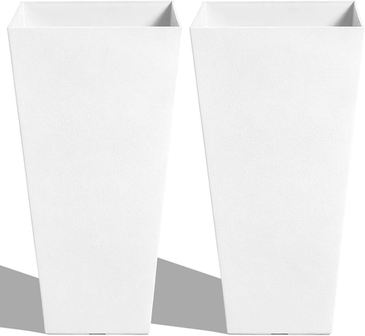 Worth Garden 2-Pack White Matte Texture Square Tapered Planter - 25.5" H. Tall Plastic Plant Pots with Drain Hole for Indoor Outdoor - Modern Decorative Flower Pots for Front Porch, Patio, Deck
