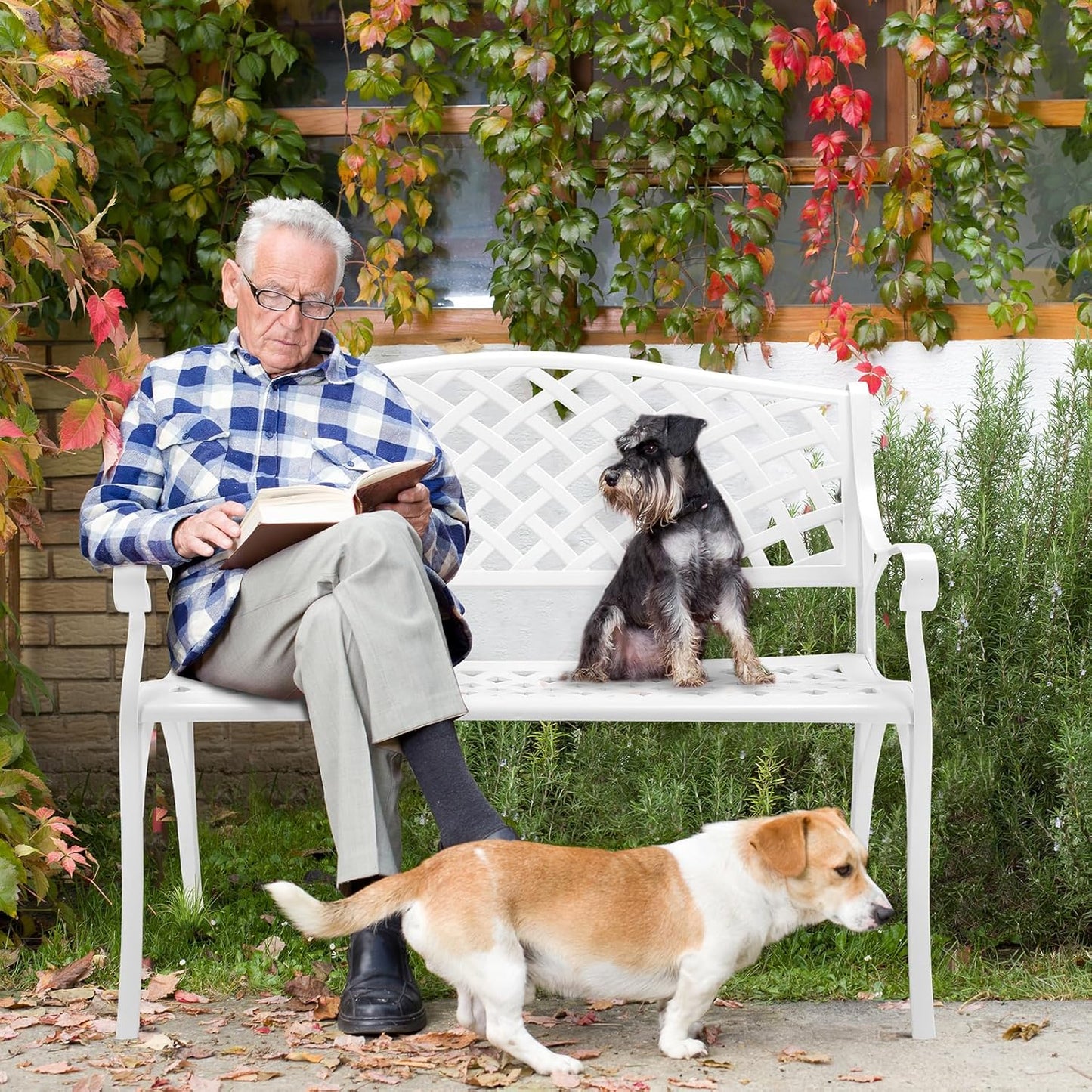 VINGLI 40.5" Patio Garden Bench,Anti- Rust Cast Iron Cast Aluminum Frame for Outdoor Path Yard Lawn Work Entryway Decor Deck (White)