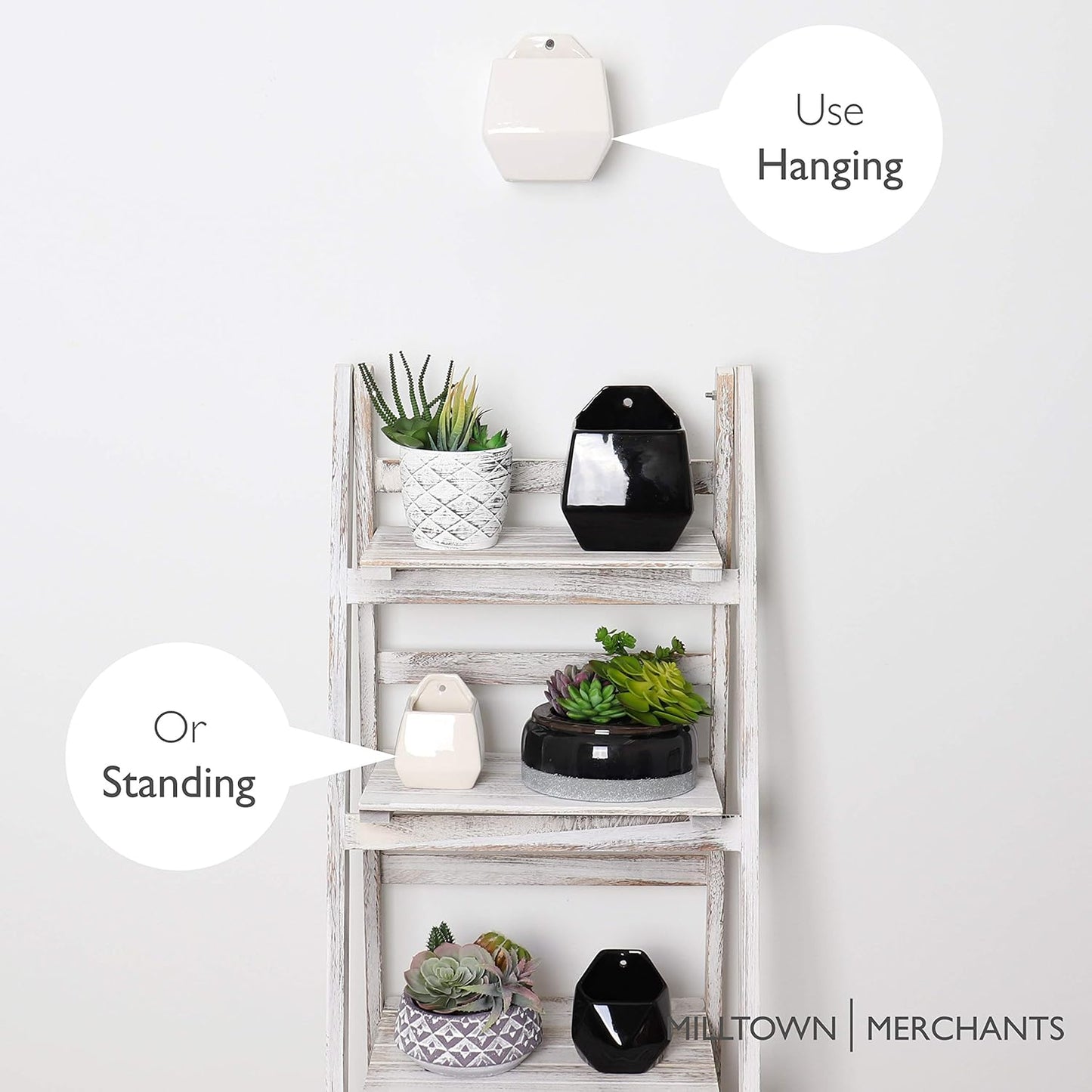 Milltown Merchants Succulent Wall Planters - Wall Vases - White Ceramic Wall Mounted Planters - Succulent Plant Pots - Hanging Vases for Living Wall (1 Pack/Contemporary/White)