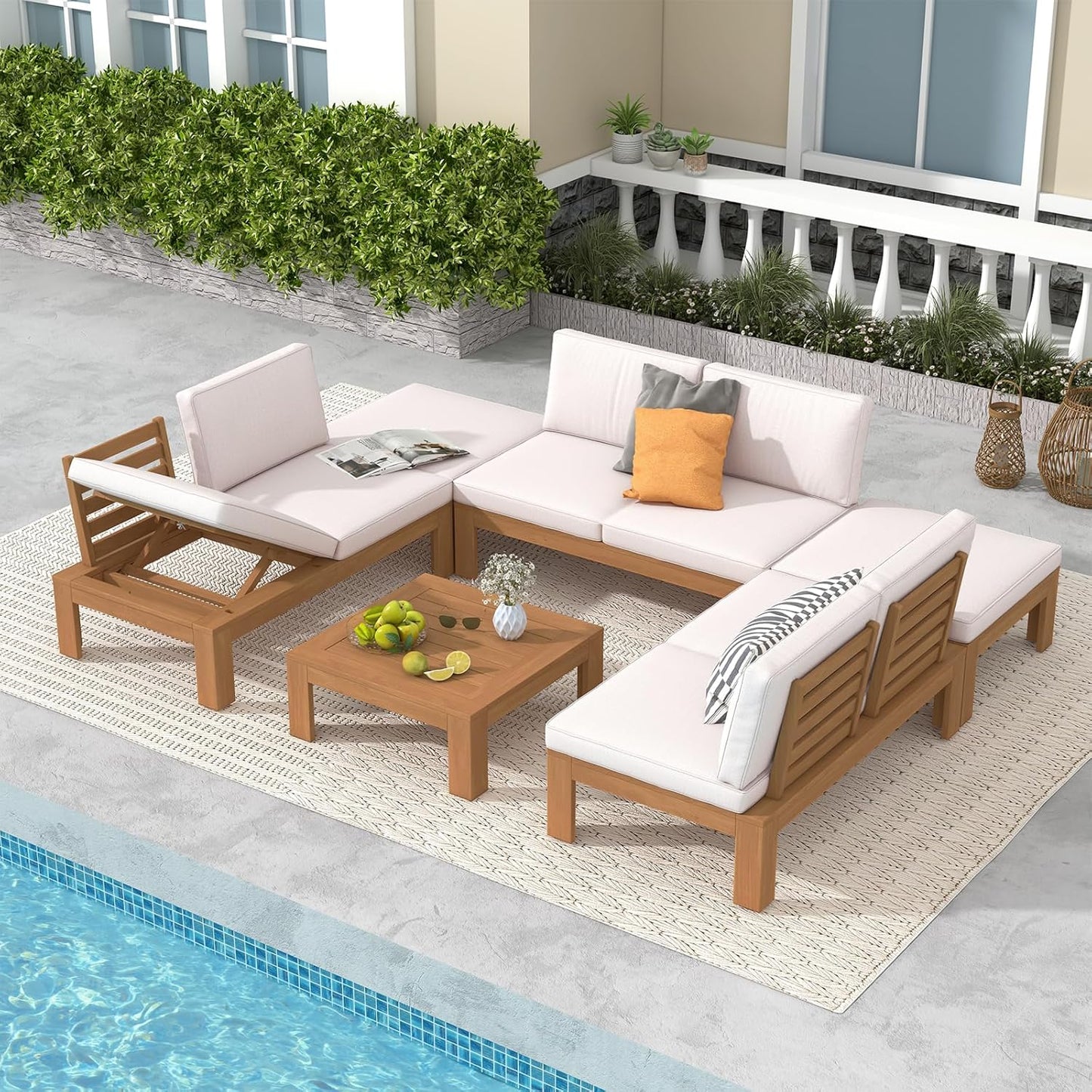 SUNSITT 6 Piece Acacia Wood Patio Furniture Outdoor Sectional Sofa Set with Adjustable Armrest, FSC Certified L-Shaped Patio Set w/2-in-1 Coffee Table, Cream White Cushions for Garden