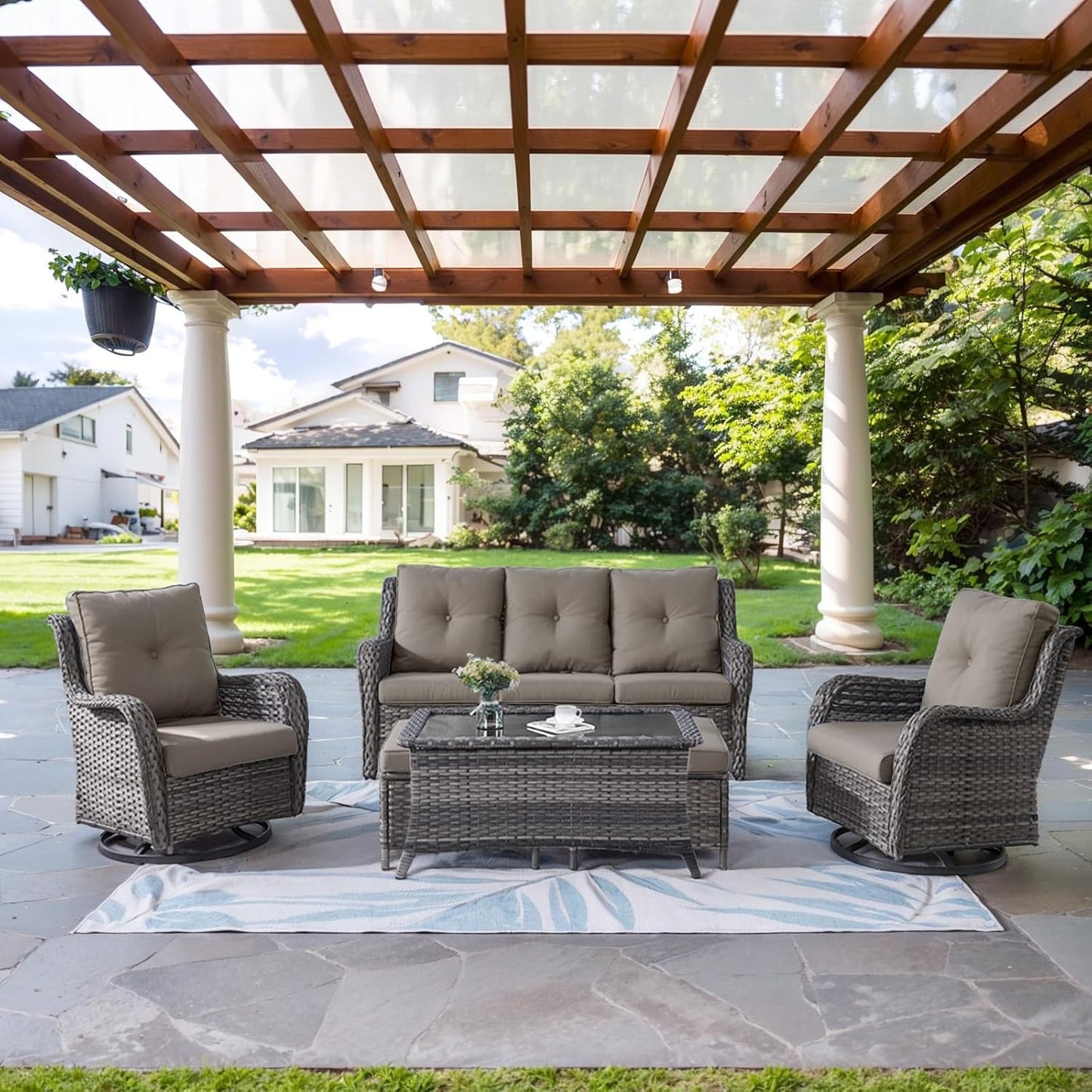 Wicker Outdoor Furniture Patio Furniture Set - 6 Piece Patio Conversation Set with Swivel Rocker Chairs, Rattan Sofa, Ottomans and Coffee Table, Gray Cushion