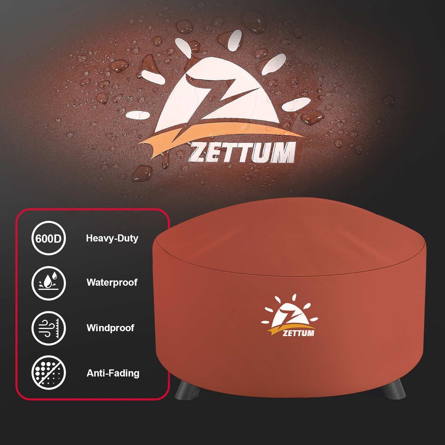 Fire Pit Cover Round 40 Inch - Outdoor Firepit Cover Heavy Duty & Waterproof, 600D Patio Fire Table Covers Gas Fire Pit Accessories Fade & Weather Resistant Brown - 40 x 40 x 20 Inch