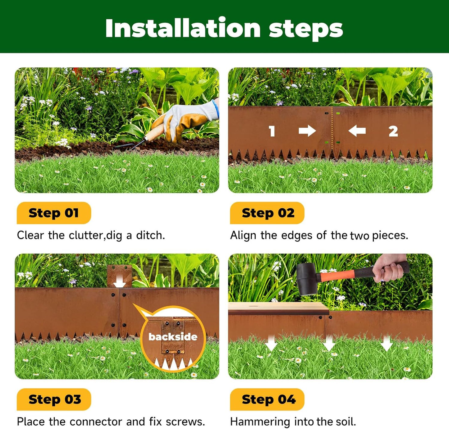 Cor Ten Steel Metal Landscape Edging 40 inch with Top Bending Protection Pre-Rusted Cor Ten Steel Garden Edging 6 Inch Depth 180 Degree Bend 6 Pack for Lawn Yard (6 inch-180 Degree Bend, Rusted)