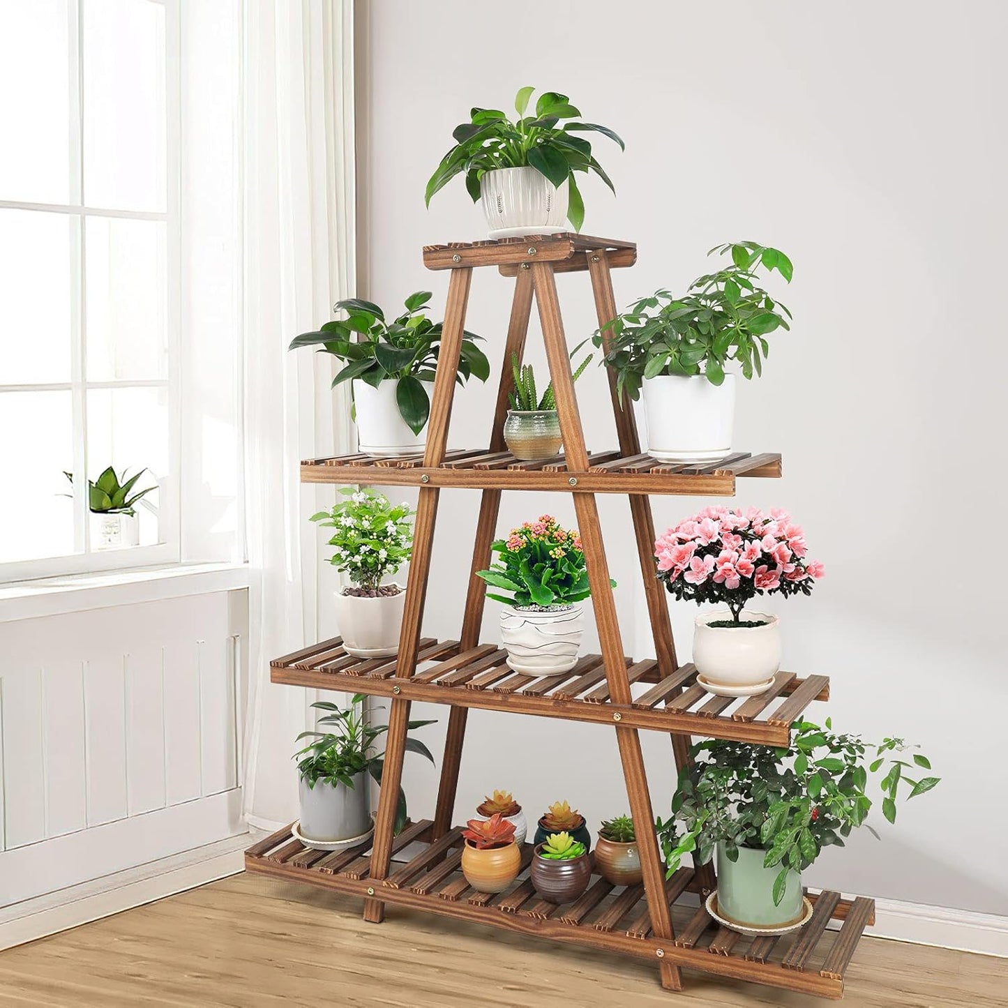 Ufine 4 Tier Wood Plant Stand Indoor Outdoor A Frame Plant Display Shelf for Multiple Plants Flower Pot Holder Rack, Living Room Balcony Patio
