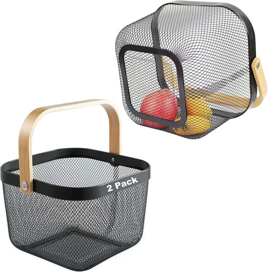 2 Pack Garden Harvest Baskets, Picnic Baskets with Durable Metal Mesh and Bamboo Handle, Perfect for Shopping, Gardening, Picnics, and Organizing