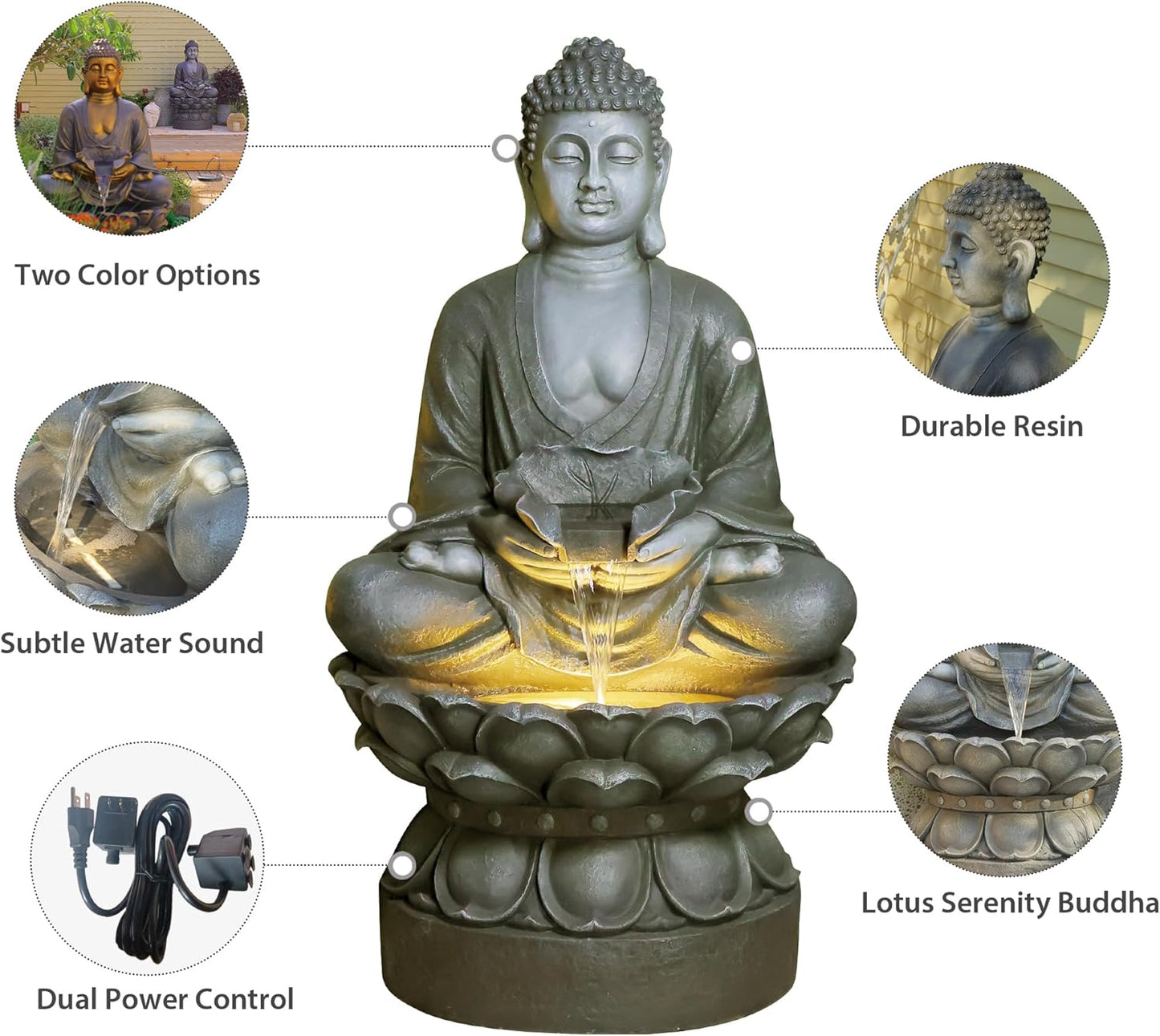 Buddha Water Fountain Outdoor Large Sitting Lotus Base Waterfall Fountains Zen Water Feature Indoor with LED Light for Garden Patio Backyard Deck Lawn Porch Balcony Home 45 inches Gray