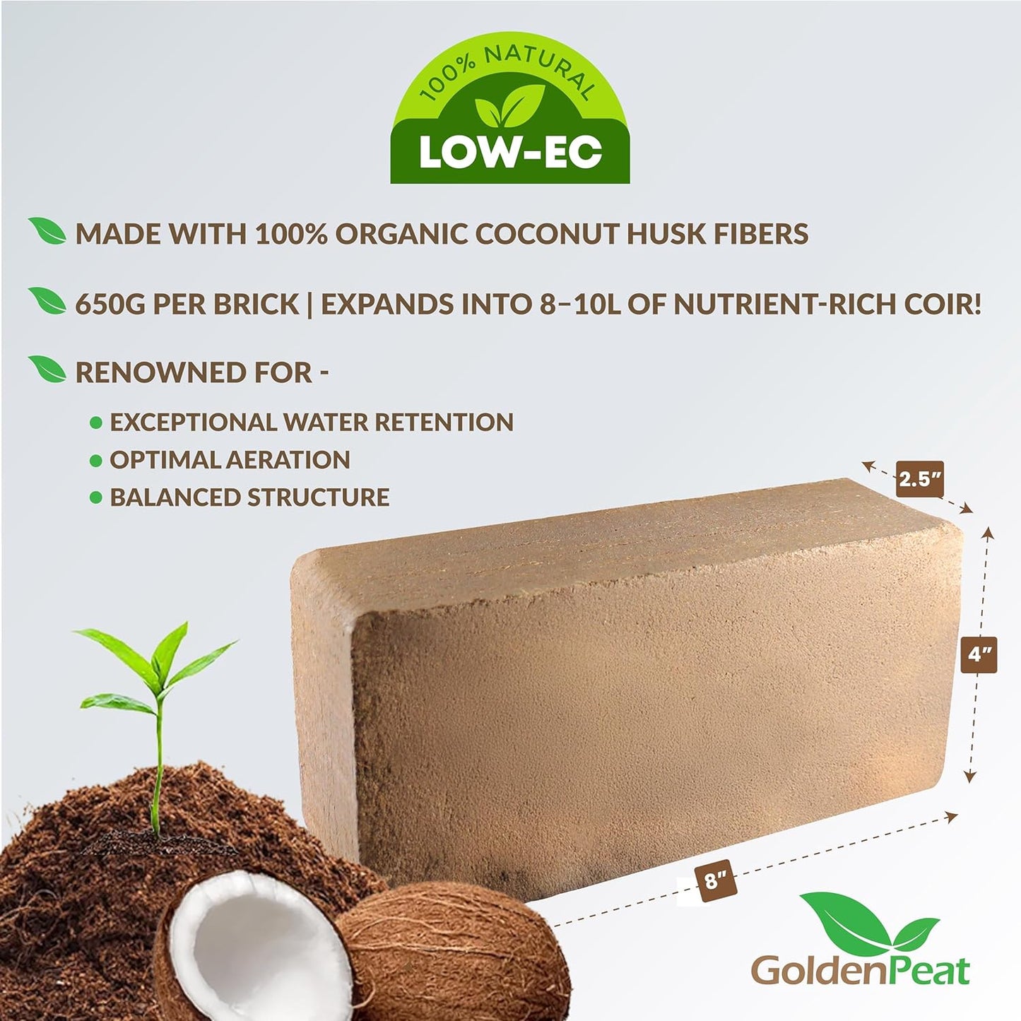 Organic Coconut Peat Bricks (650g X 16 Pack) – Low EC, Sustainable Growing Medium for Gardens, pots, and Seed Starters. Just add Water to Transform Each Brick into 8-10L of Fluffy Nutrient-Rich Coir