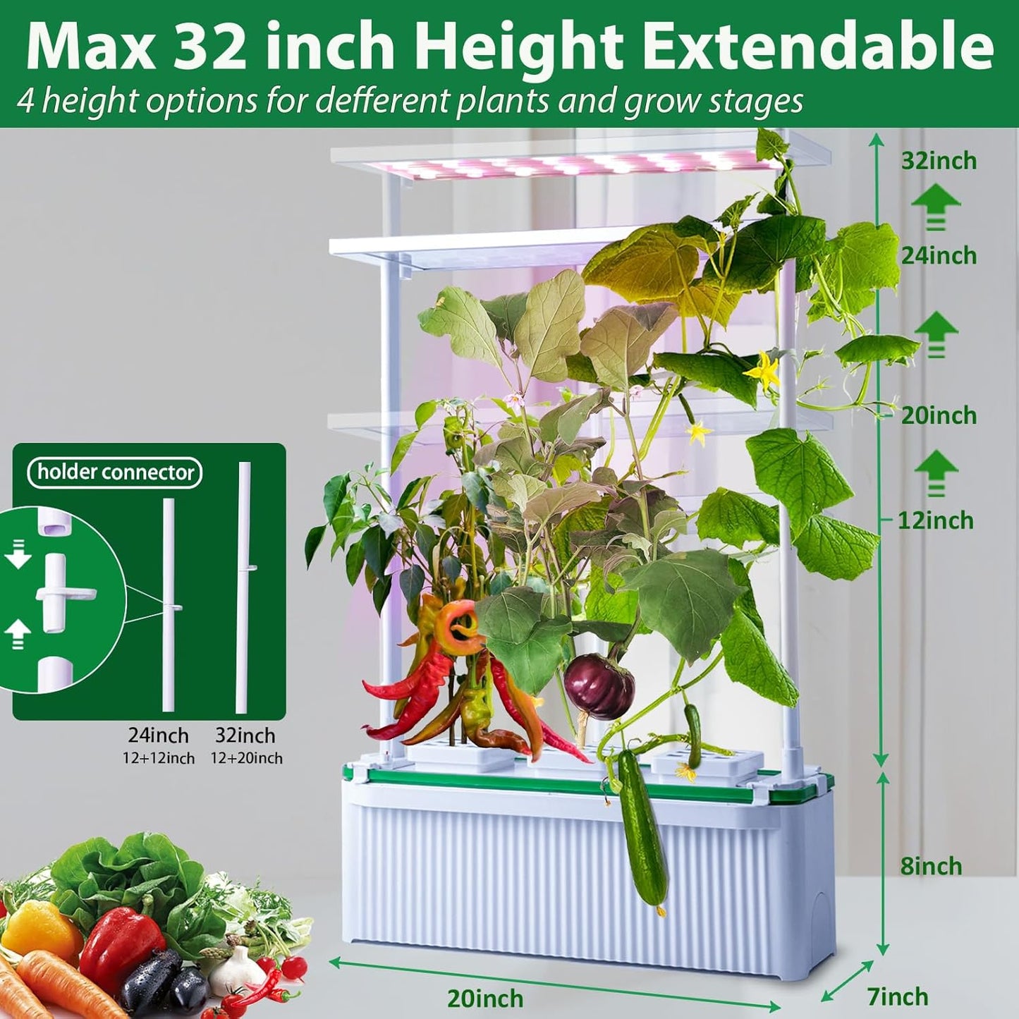 Large Hydroponics Growing System kit with Trellis,Smart Indoor Hydroponic Gardening System with LED Grow Light, Indoor Hydroponic Grow Kit for Tomato,Pepper,Cucumbers(7L,Pump)