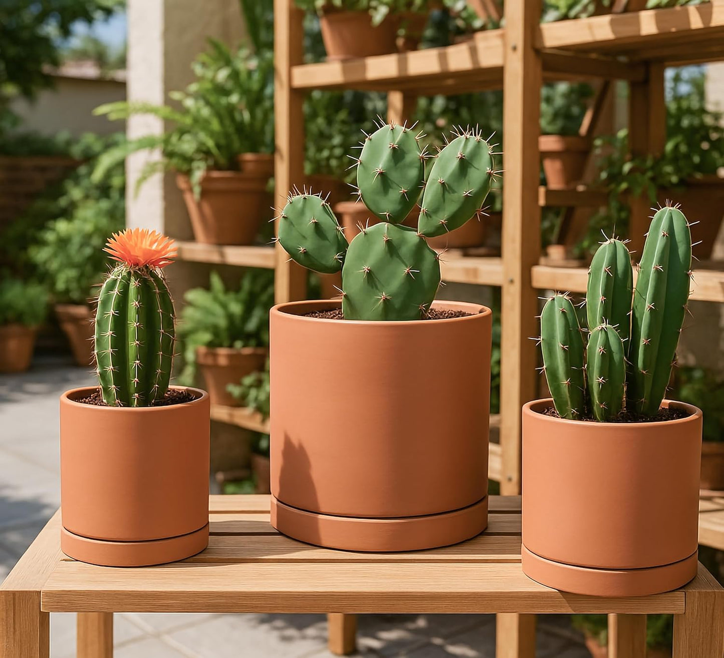 D'vine Dev Terracotta Pots for Plants, 5.3 Inch 6.5 Inch 8.3 Inch, Round Cylinder Planter Pot with Drainage and Saucer, 40-T-B-0