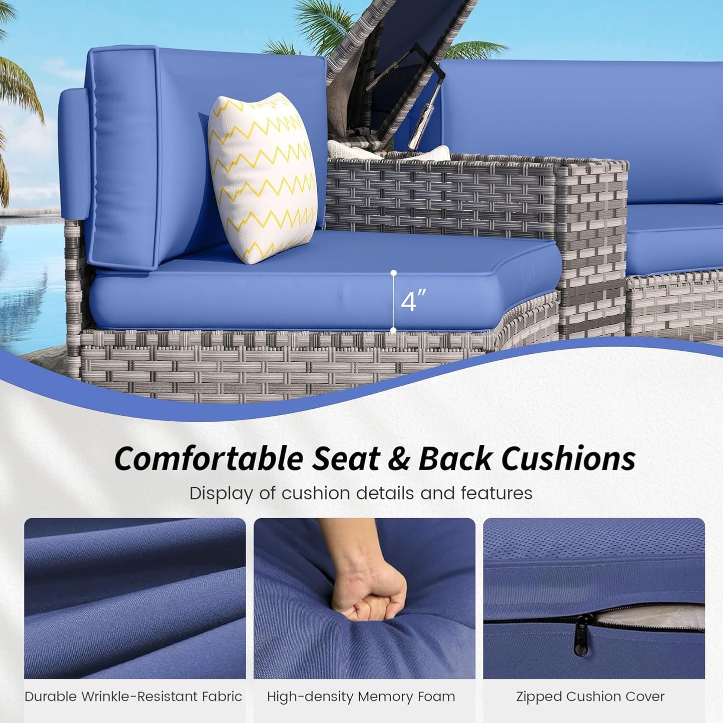 Patio Sectional Furniture Outdoor 7-Piece Grey Rattan Curved Sofa Set with Storage Table, Fit for Pool Backyard Balcony Porch Lawn (Navy)