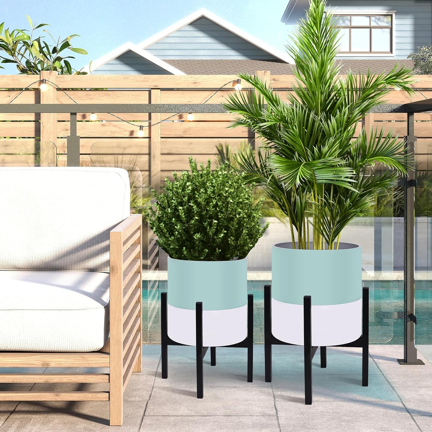 10 & 12 Inches Plant Pots with Stand-Large Indoor Planters with with Drainage Holes,Modern Planting Pots with White and Green Color Matching for Living Room, Office, Garden Or Balcony