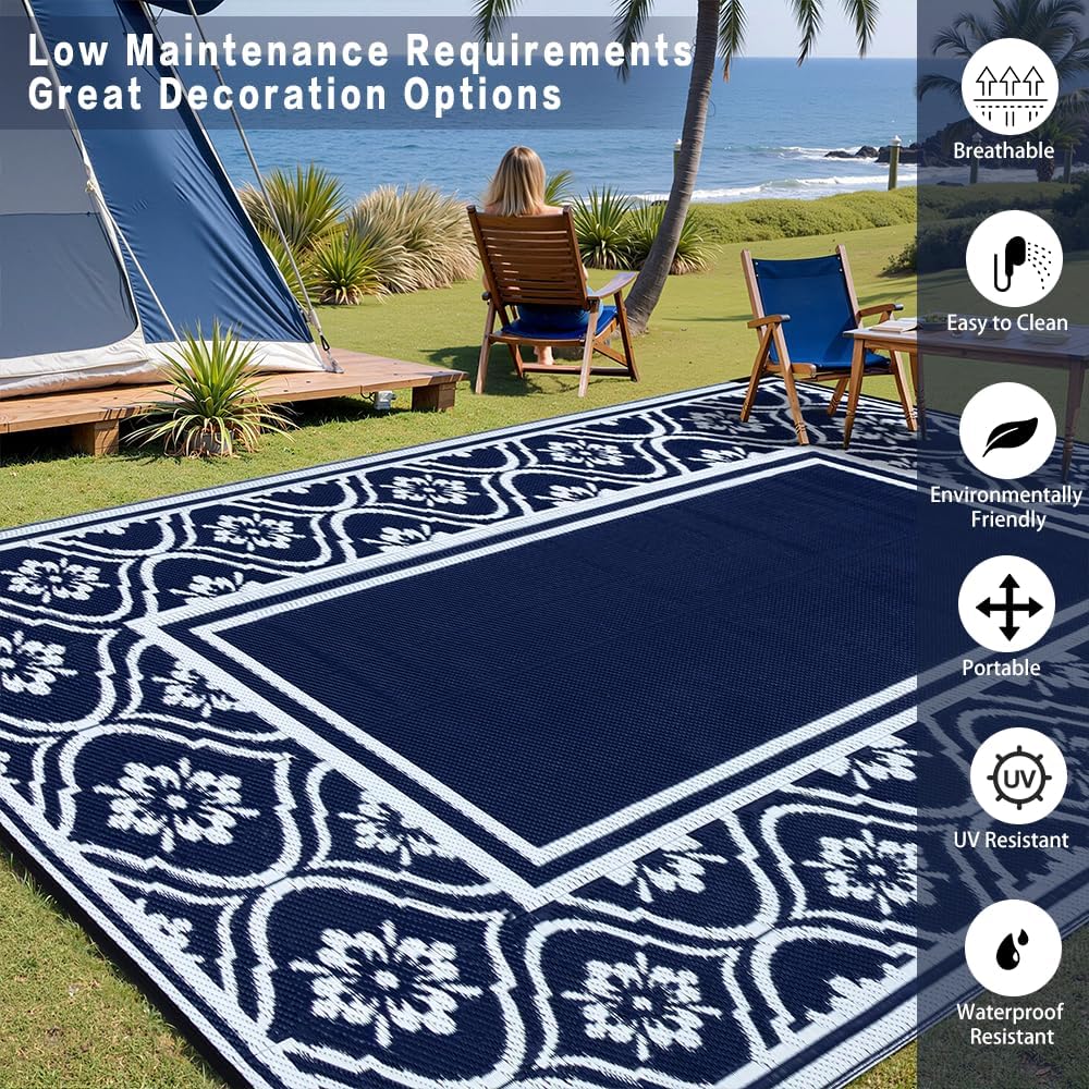 RV Outdoor Rug Waterproof Mat 9'x12' Camping Carpet Blue Outside Area Rugs Reversible Rugs for Deck Entryance Porch Picnic Balcony Beach