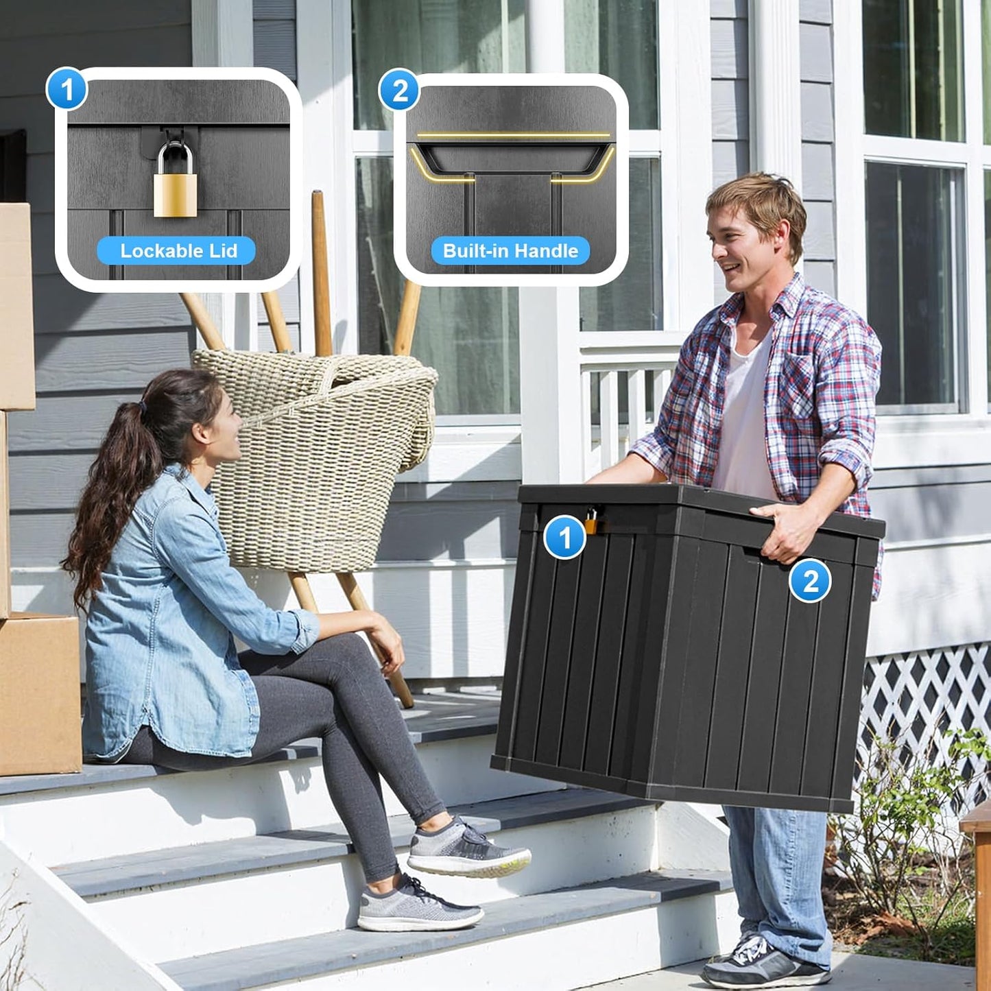 50 Gallon Resin Deck Box, Lockable Outdoor Storage Box for Patio Cushions Storage Furniture,Garden Tools, Pool Supplies, Weatherproof and UV Resistant（Black）