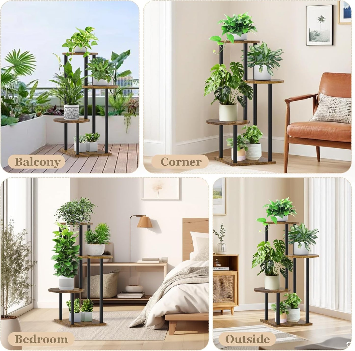 4 Tier Plant Stand Indoor, Metal Wooden Tall Plant Shelf Flower Pot Stand for Multiple Plants, Corner Flower Holder Plant Display Rack for Living Room Balcony Patio Garden (Rustic Brown)