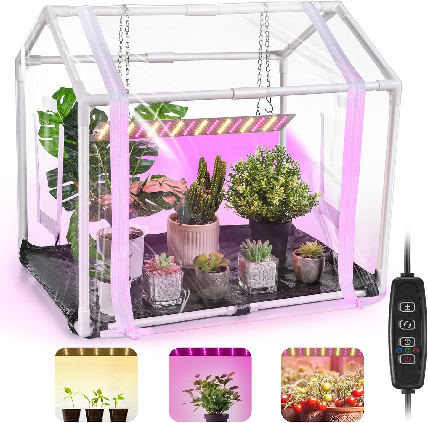 Meonum Mini Greenhouse with Grow Light for Indoor, Tabletop Small Greenhouse Kit with Bottom Mat for Waterproof, 15W Plant Dimmable LED Grow Lights and Timer, 3 Light Color Mode for Seed Starter Tray
