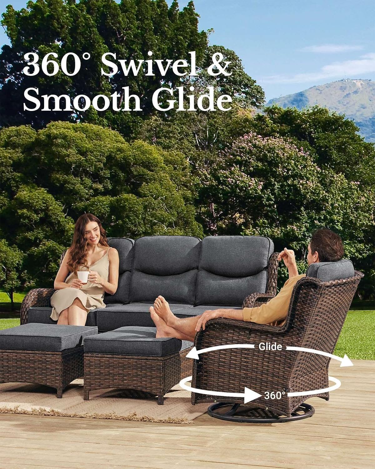 HILLGA Luxury Patio Furniture Set with 6-Inch Thick Cushions, High Back Outdoor Swivel Rocker Chairs and Patio Couch, 10-Piece All Weather Conversation Set for Porch Deck Pool Yard, Dark Grey (V3)