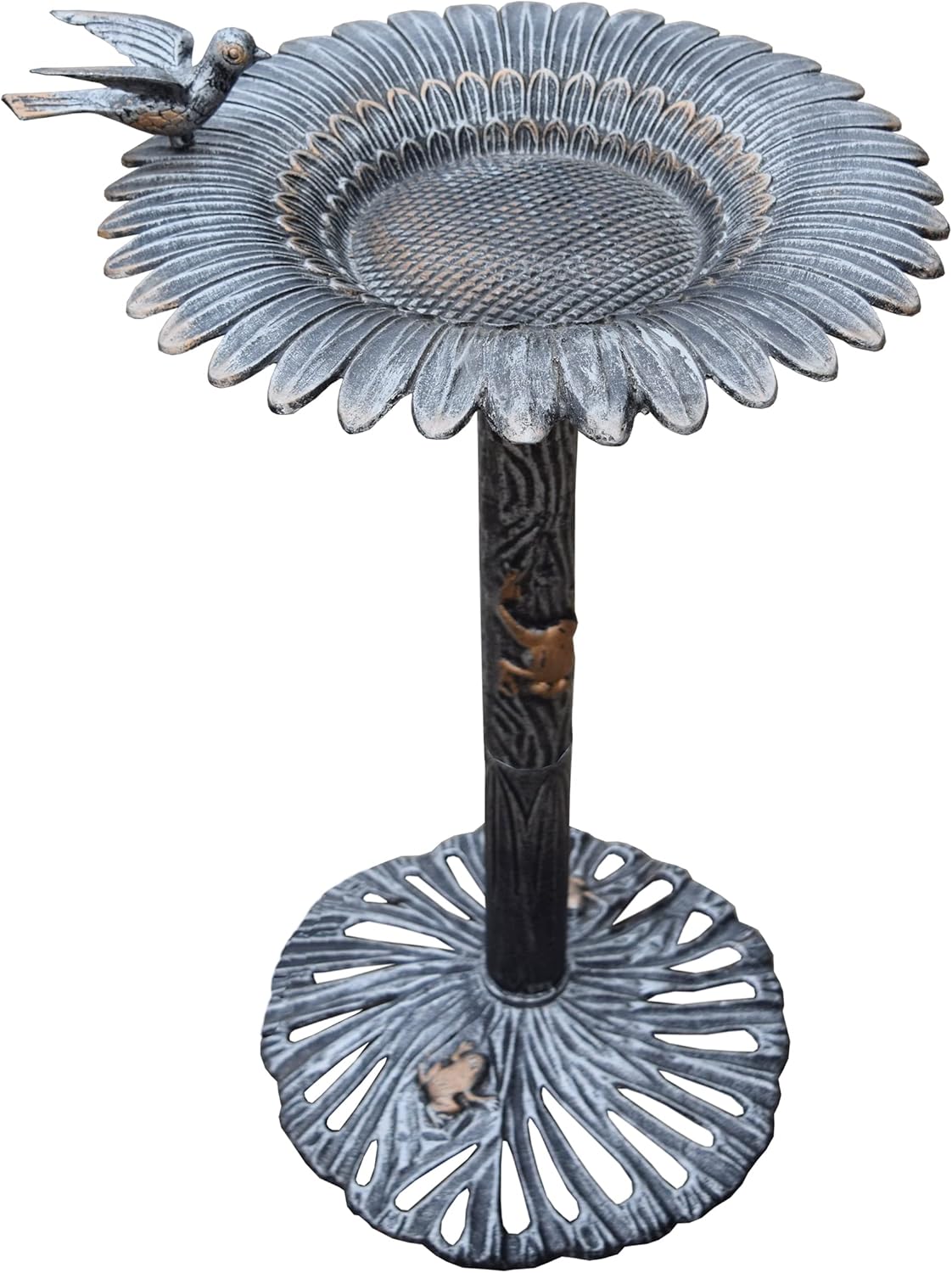 Oakland Living 5065AP Antique Pewter Sunflower Design Aluminum Birdbath, Silver