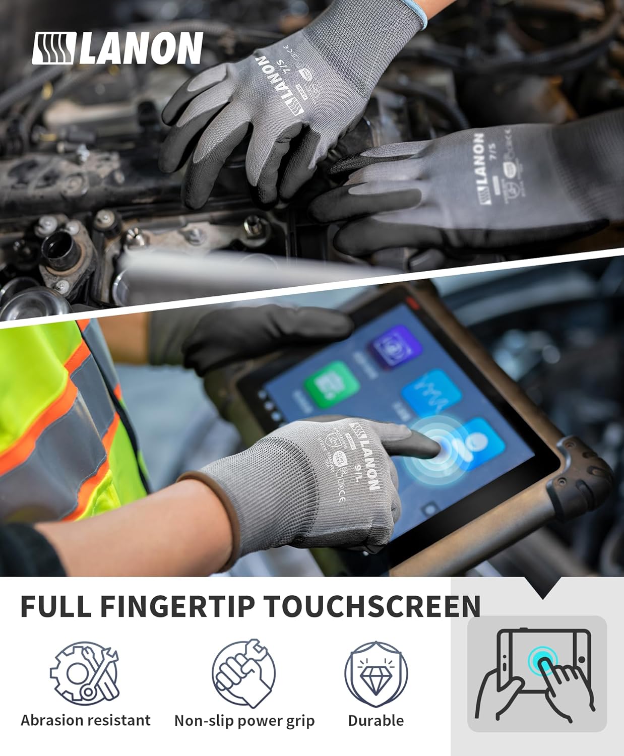 LANON 18 Pairs Safety Work Gloves, Mechanic Working Gloves for Men,Breathable PU Coated, Seamless Knit,Double Wash, Grey, Large