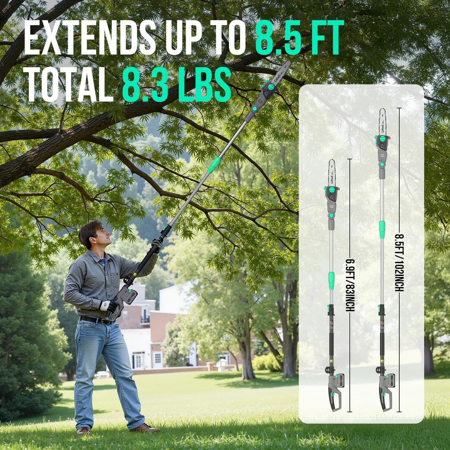 Litheli Cordless Pole Saw & Chainsaw 10-Inch, Battery Powered 20V 2.0Ah Pole Saws & 20V 4.0Ah Chainsaw for Branch, Cutting, Trimming, Electric Saws(Battery & Charger Included)