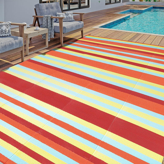 Outdoor Waterproof Rug 8'x10' Plastic Straw Rugs Washable Reversible Floor Mat Rainbow Stripe Carpet for Camping RV Deck Entryance Porch Picnic Balcony Beach Backyard