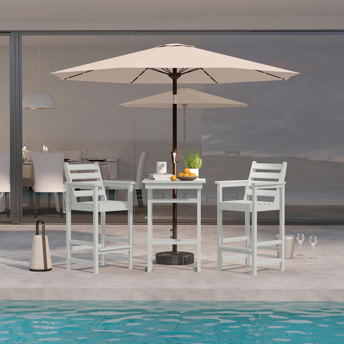 3-Piece Outdoor Bar Set with Beige 9FT Patio Umbrella, HDPE Tall Balcony Adirondack Chairs and Table, All-Weather Outdoor Bar Stools for Patio (White)