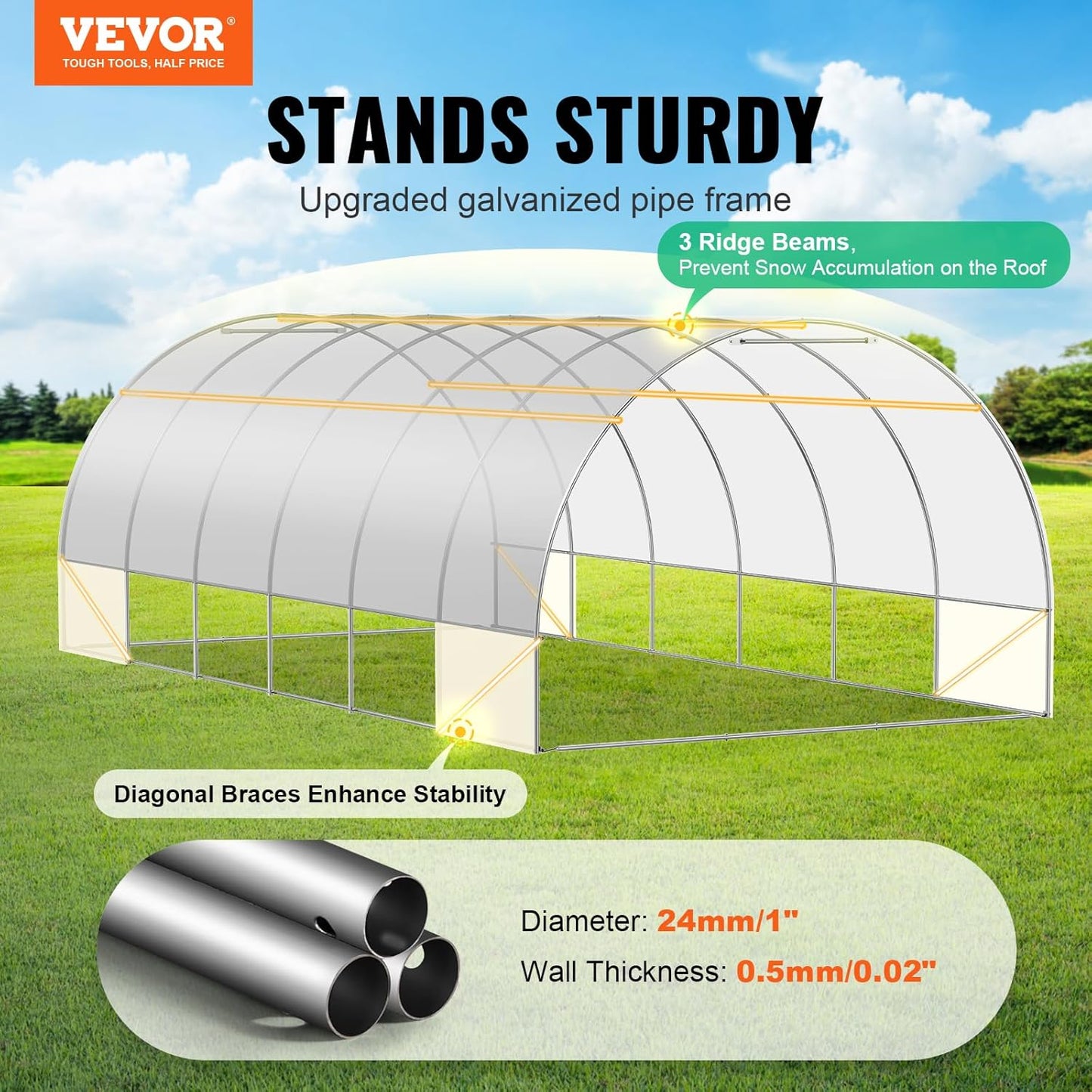 VEVOR Walk-in Tunnel Greenhouse, 19.4x9.7x6.5 ft Hoop House Greenhouse Tunnel, Plant Hot House with Galvanized Steel Frame, White PE Cover, Roll-up Zipper Door and 12 Windows for Outdoor