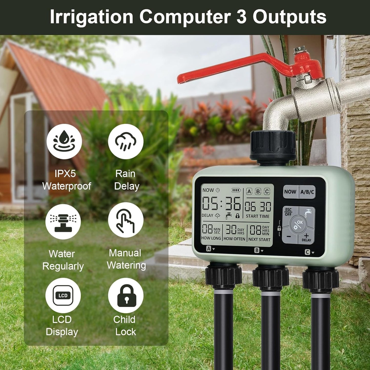 Watering Timer 3 Zone, Sprinkler Timer, Programmable Garden Outdoor Hose Faucet Timer with Rain Delay, Auto & Manual Watering System,Water Hose Irrigation Timers 3 Outlet for Garden