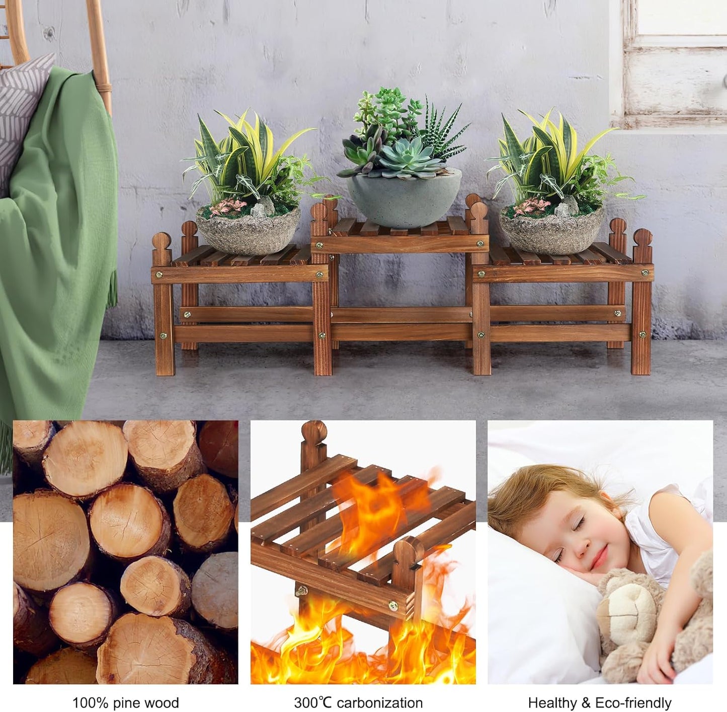 3 Tier Plant Stand Indoor,Wooden Low Plant Bench for Multiple Plants,Corner Flower Pot Stand Long Plant Holder for Balcony Patio Garden Decor (Free-Style Combination)