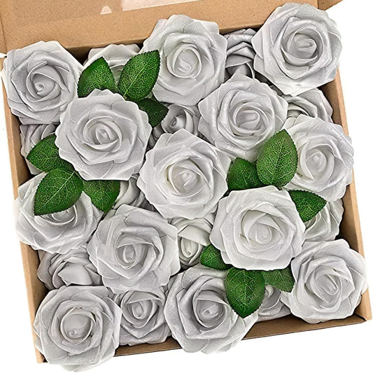 N&T NIETING Artificial Flowers, 50pcs Fake Flowers Roses with Stem for DIY Wedding Bouquets Centerpieces Bridal Shower Party Home Decoration, Silver White
