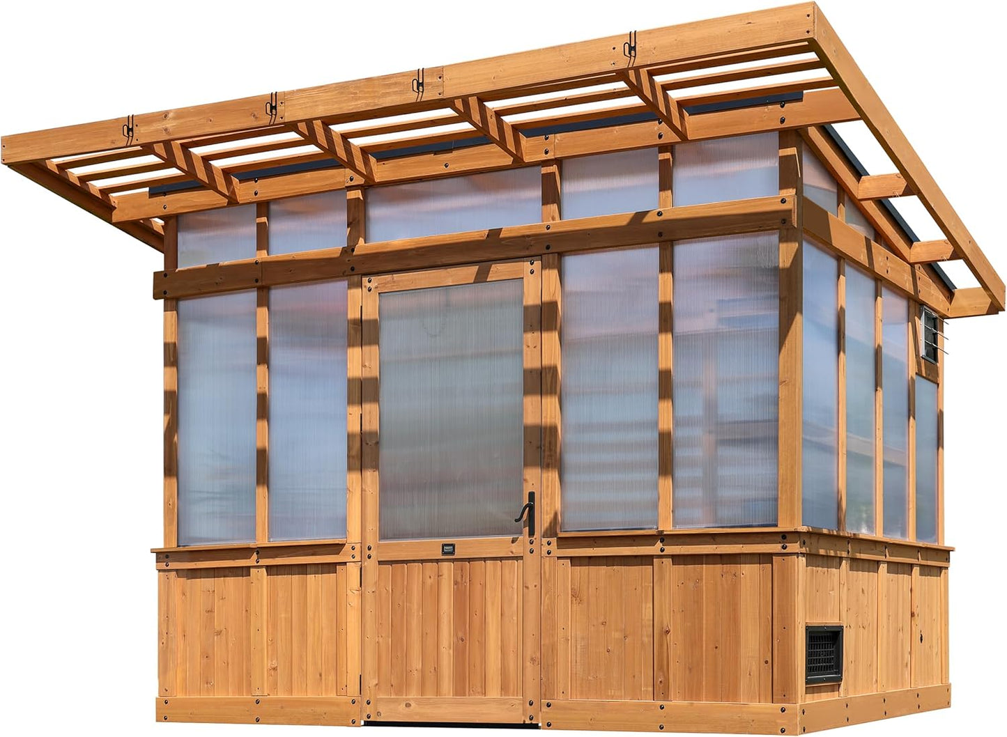Backyard Discovery Poppy 11' x 7' Cedar Wood and Polycarbonate Walk-In Greenhouse Kit with Exhaust Fan, Windows, Hose Hook-Ups, PowerPort, Staging Shelves, Plant Hooks for Year-Round Outdoor Gardening
