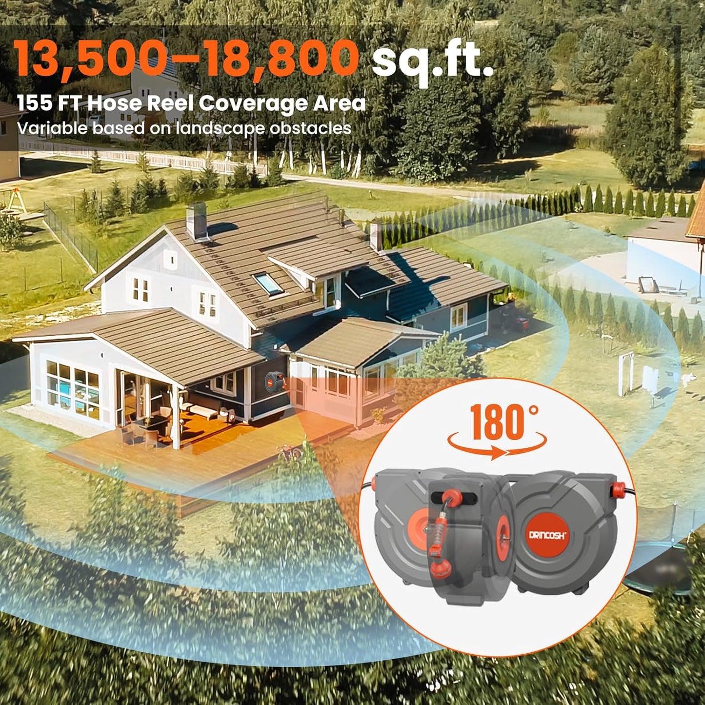 Upgraded Retractable Garden Hose Reel 1/2" x 155 ft Pro 180° Swivel Metal Bracket Automatic Retract Heavy Duty Hose Reels Wall Mount Any Length Lock 9 Pattern Nozzle Garden Watering