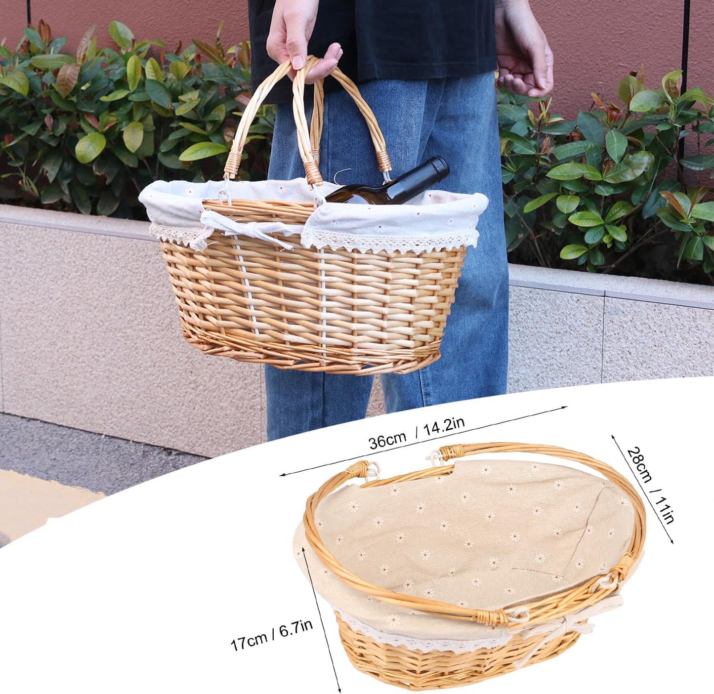 Large Multipurpose Wicker Basket with Handle, 14.2 x 11 x 6.7 Inch Wicker Picnic Basket with Liner, Empty Gift Basket, Oval Willow Woven Basket for Fruit, Wine, Gathering, Wedding, Picnic,by GNIEMCKIN