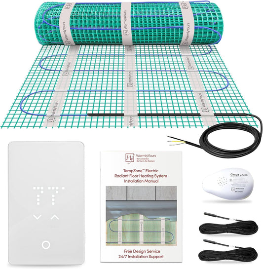 114 Sqft Heated Floor Mat Kit with Radiant Floor Heating System Thermostat UTN5, Two Sensors, Tester, 240V Electric Radiant Floor Heating Mat installs under Bathroom Tile, Vinyl - WarmlyYours TempZone