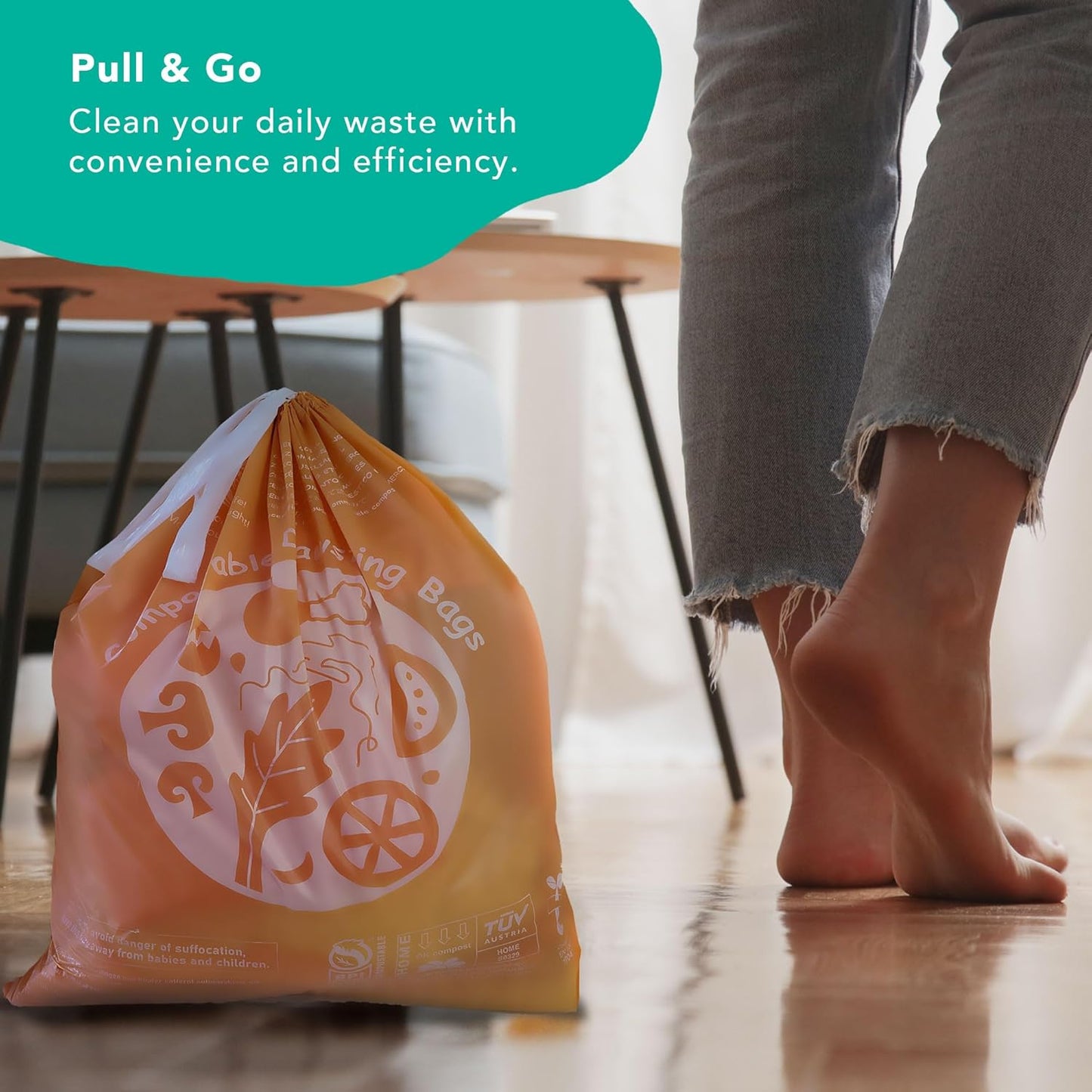 Compostable Trash Bags 13 Gallon, Drawstring Bin Bags, Heavy Duty Waste Bags, Extra Thick, Certified US BPI ASTM D6400, 49.2 Liter, 30 Counts