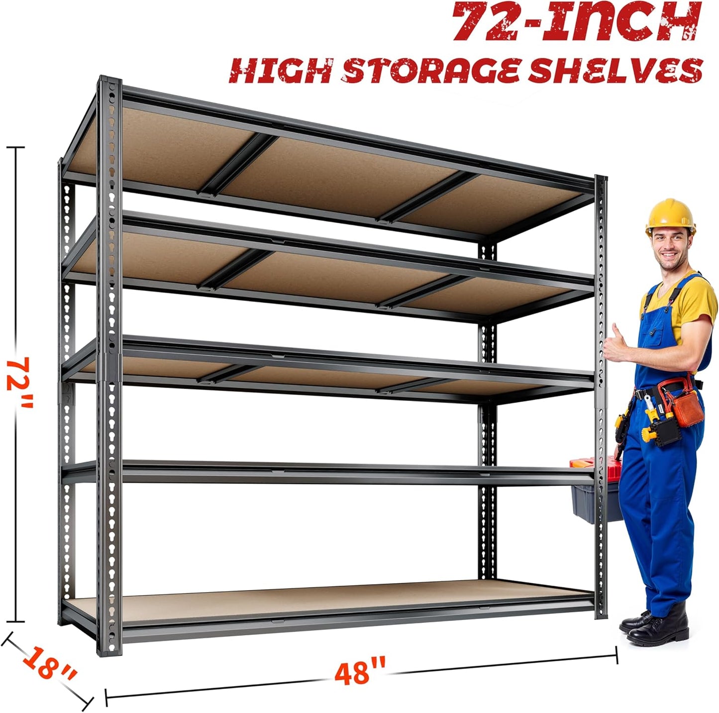 48"W Garage Shelving, 3050LBS Storage Shelves heavy duty, 5 Tier Metal Shelving Unit Adjustable Garage Shelves Heavy Duty Shelving for Warehouse,Commercial, Kitchen, 48" W × 18" D × 72" H, Black