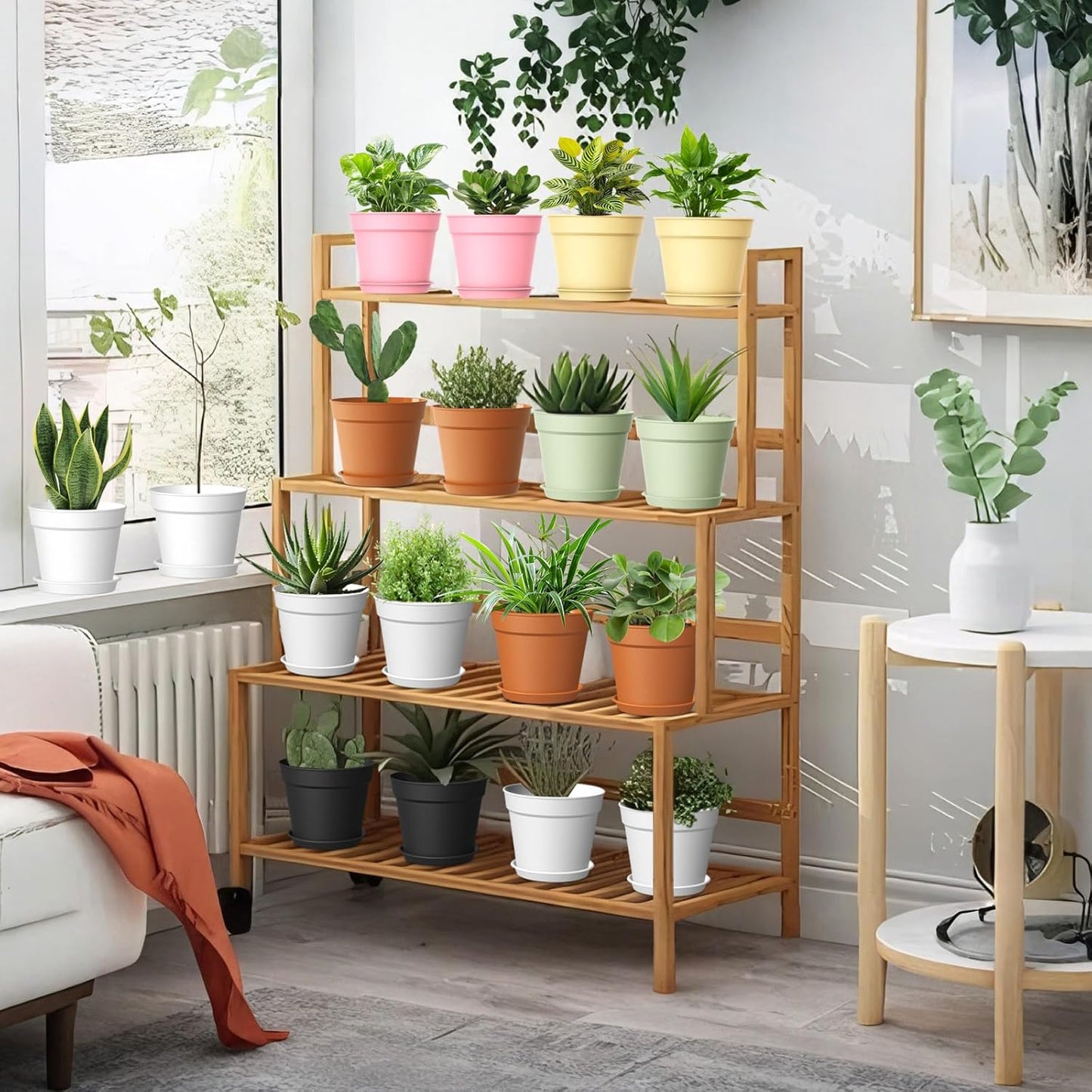 20 Pack 6 Inch Plant Pots with Drainage and Saucers, White Plastic Flower Pots for Indoor and Outdoor Plants, Stackable Nursery Planters for Houseplants and Herbs, Colorful