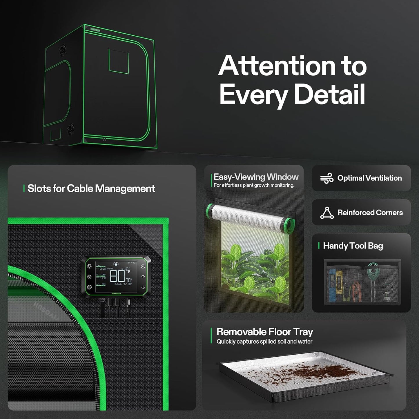 VIVOSUN S558 5x5 Grow Tent, 60"x60"x80" High Reflective Mylar with Observation Window and Floor Tray for Hydroponics Indoor Plant for VSF6450