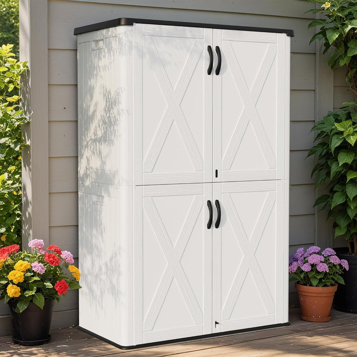 Greesum Outdoor Storage Cabinet, 50 Cu.Ft Deck Box Without Shelves, Waterproof Plastic Storage Bin for Patio Cushions, Gardening Tools, Lockable and Sidehandles, UV Resistant, White