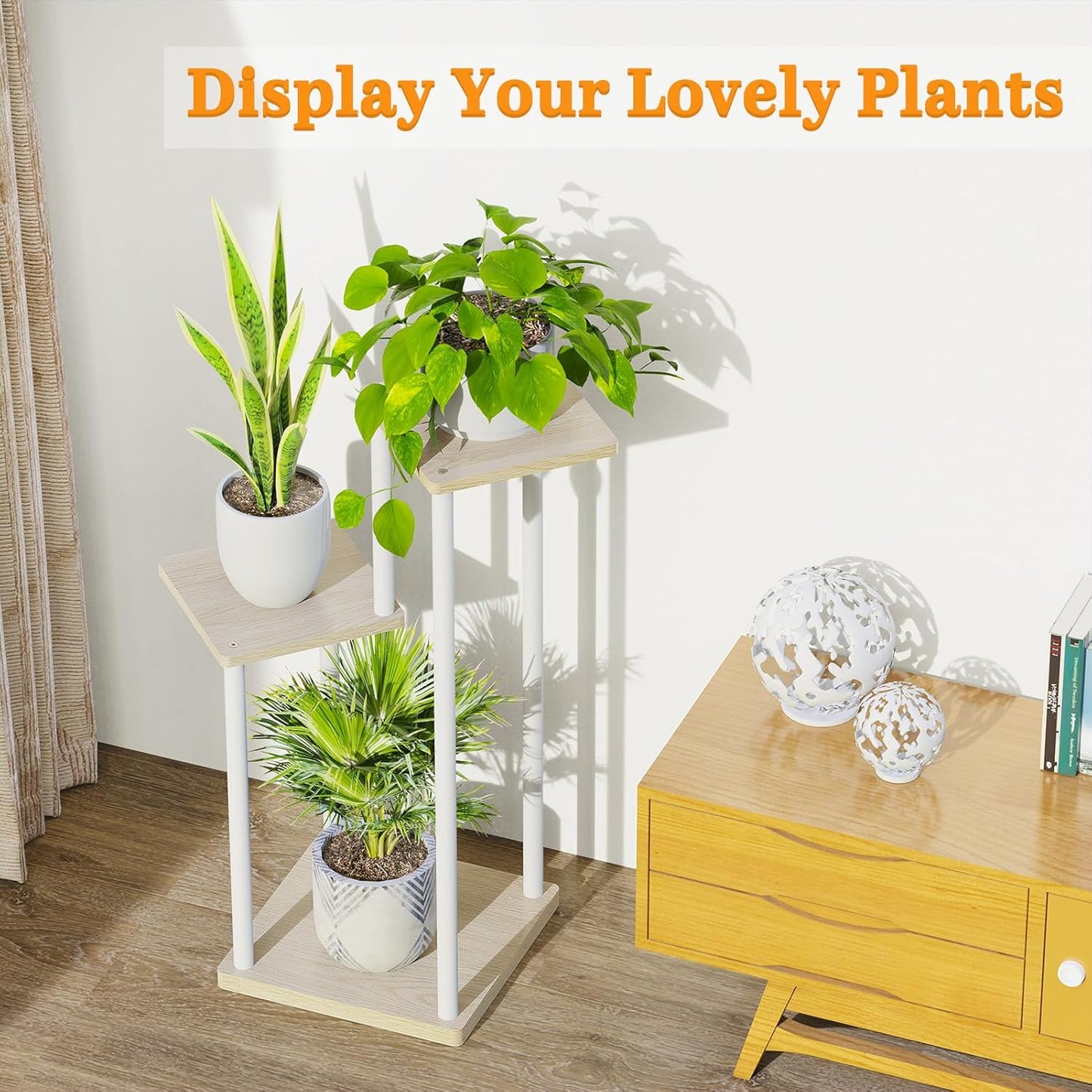 3 Tier Plant Stand Indoor Outdoor, Metal Wood Tiered Corner Plant Stands Pot Holder, Wood Flower Shelf Orchid Display Rack for Living Room Bedroom Balcony Garden Patio, Modern White